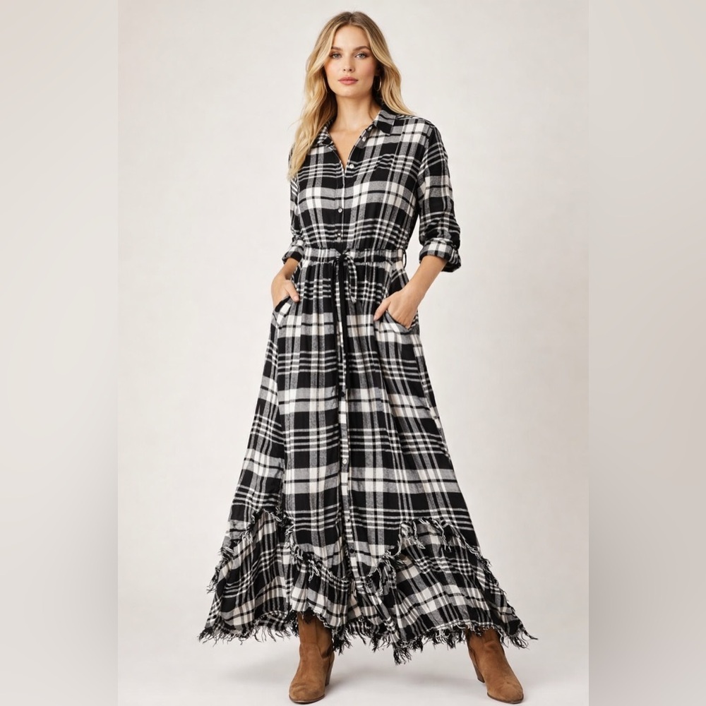 Kosmios Plaid Maxi Dress M Black White Boho Fringe Hem Pockets Tie Waist Flowy